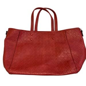 Bright Red PU Leather Geometric Pattern Tote Bag Satchel - Spacious Interior